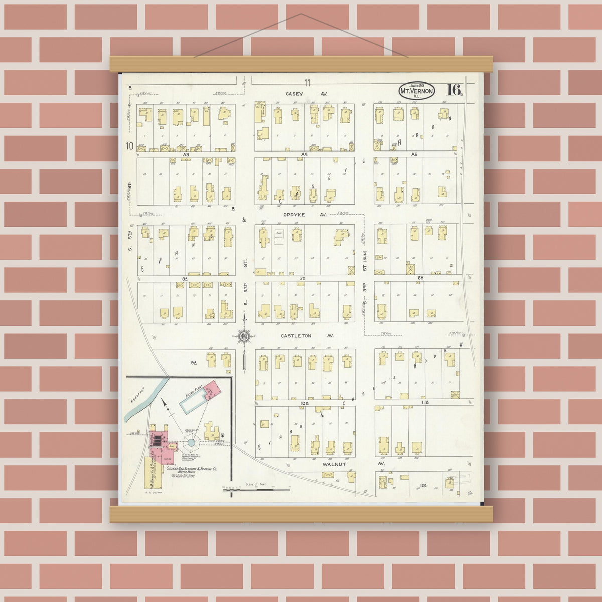 Old map wall art mockup — magnetic wood frame on brick wall — Sanborn Fire Insurance Map from Mount Vernon, Jefferson County, Illinois (1913), Sheet #0016