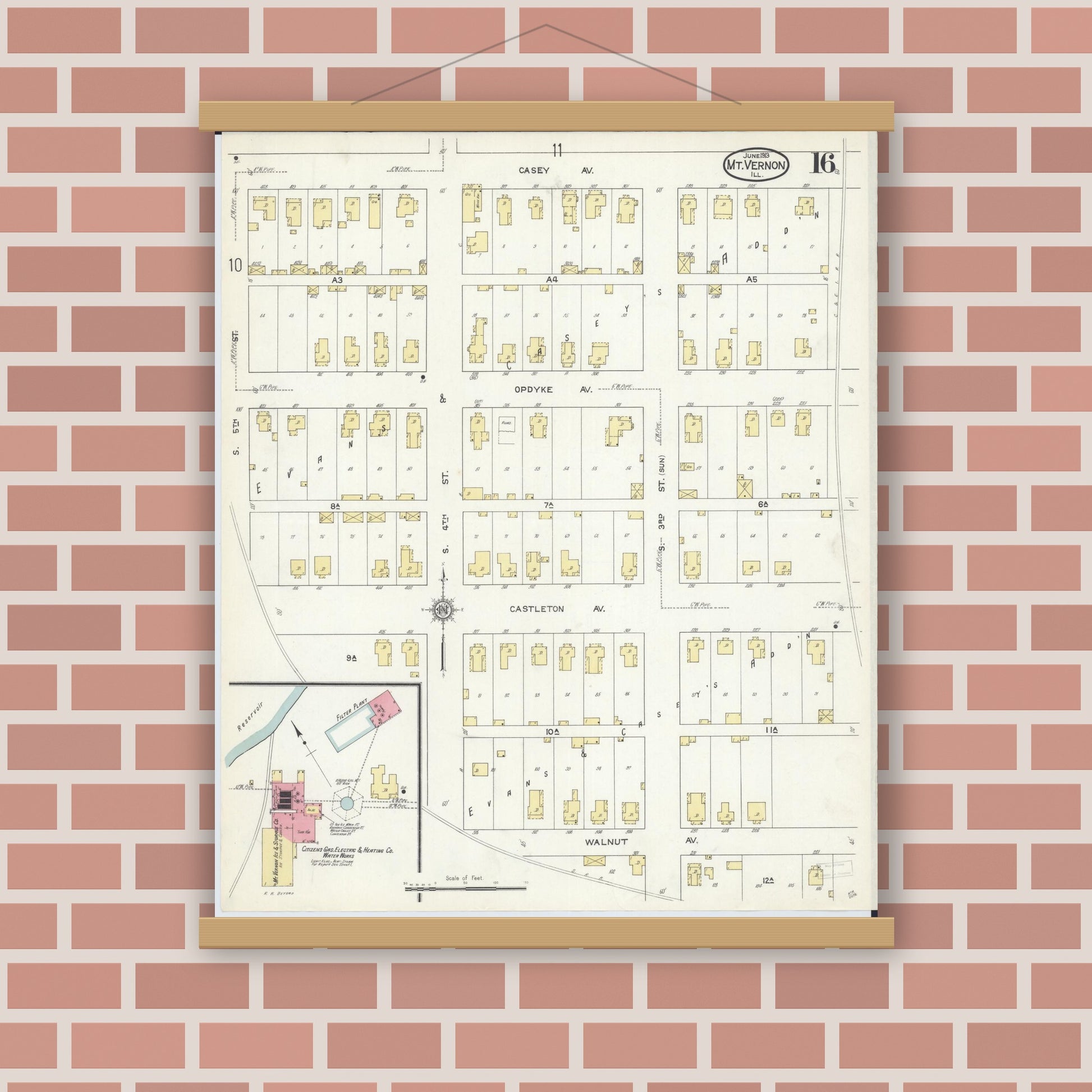 Old map wall art mockup — magnetic wood frame on brick wall — Sanborn Fire Insurance Map from Mount Vernon, Jefferson County, Illinois (1913), Sheet #0016