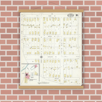 Old map wall art mockup — magnetic wood frame on brick wall — Sanborn Fire Insurance Map from Mount Vernon, Jefferson County, Illinois (1913), Sheet #0016