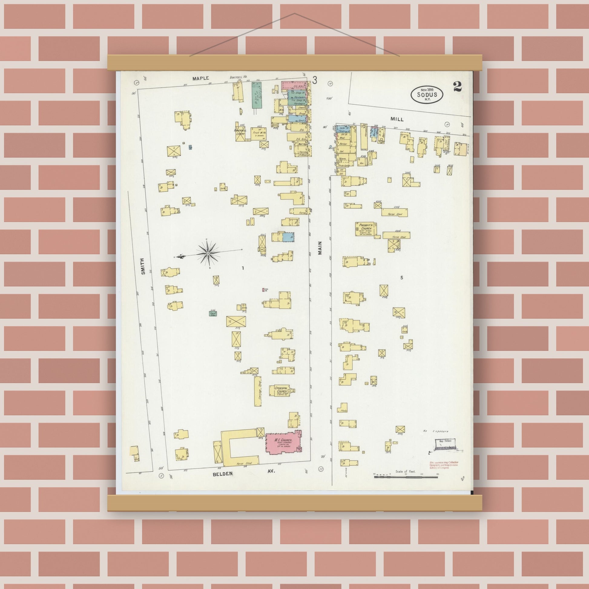 Old map wall art mockup — magnetic wood frame on brick wall — Sanborn Fire Insurance Map from Sodus, Wayne County, New York (1899), Sheet #0002