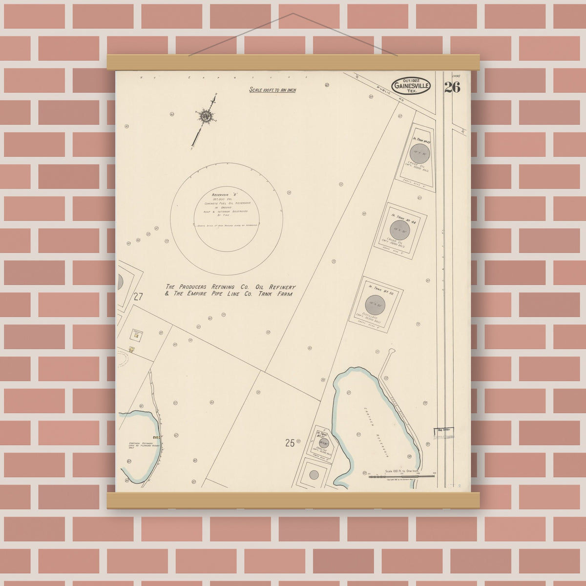 Old map wall art mockup — magnetic wood frame on brick wall — Sanborn Fire Insurance Map from Gainesville, Cooke County, Texas (1922), Sheet #0026