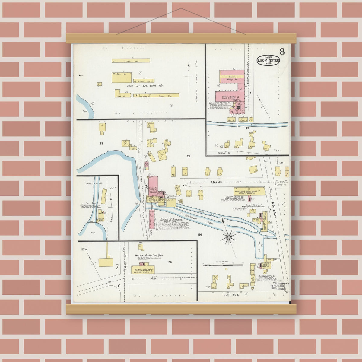 Old map wall art mockup — magnetic wood frame on brick wall — Sanborn Fire Insurance Map from Leominster, Worcester County, Massachusetts (1896), Sheet #0008
