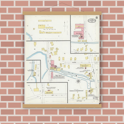 Old map wall art mockup — magnetic wood frame on brick wall — Sanborn Fire Insurance Map from Leominster, Worcester County, Massachusetts (1896), Sheet #0008