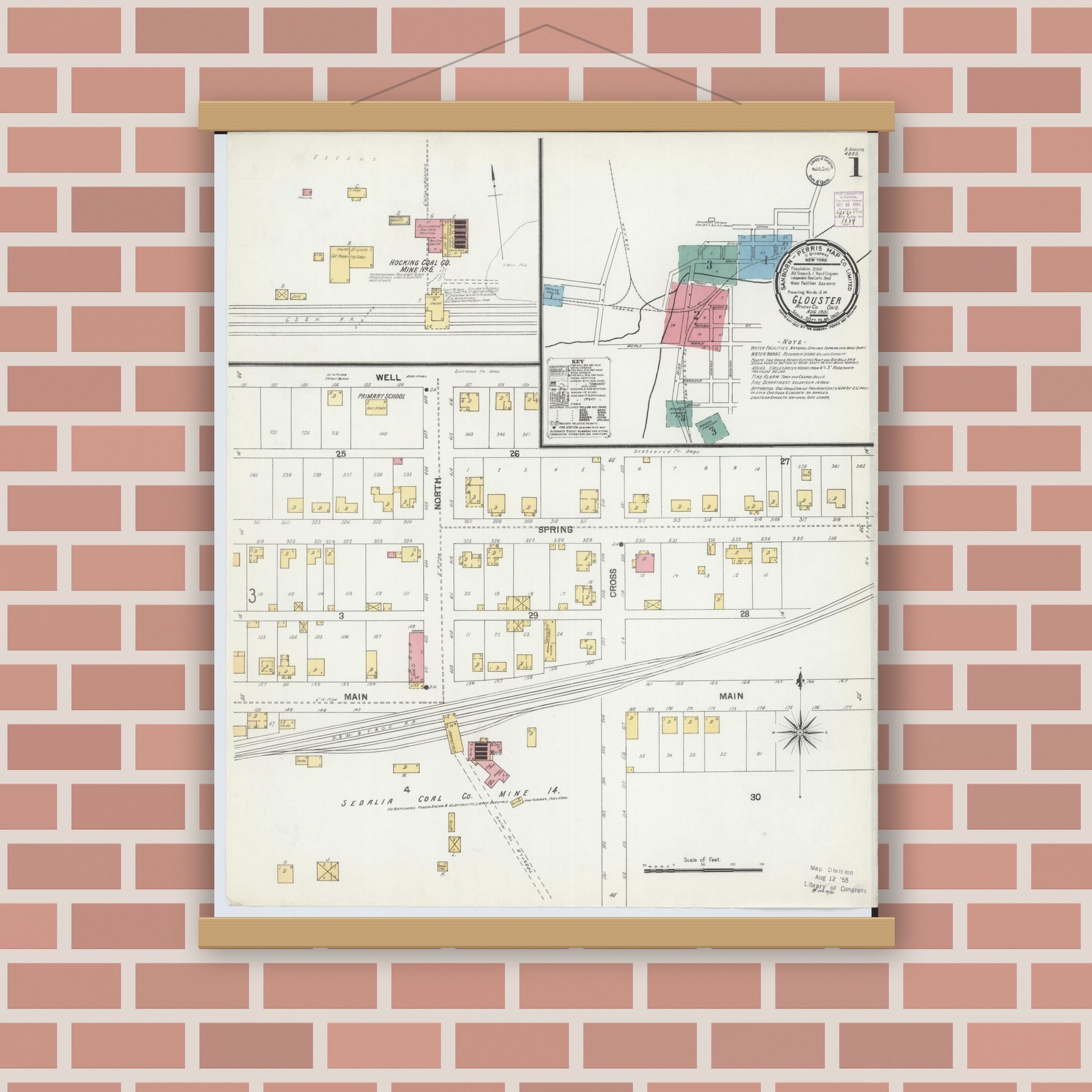 Old map wall art mockup — magnetic wood frame on brick wall — Sanborn Fire Insurance Map from Glouster, Athens County, Ohio (1901) - Complete Map Set