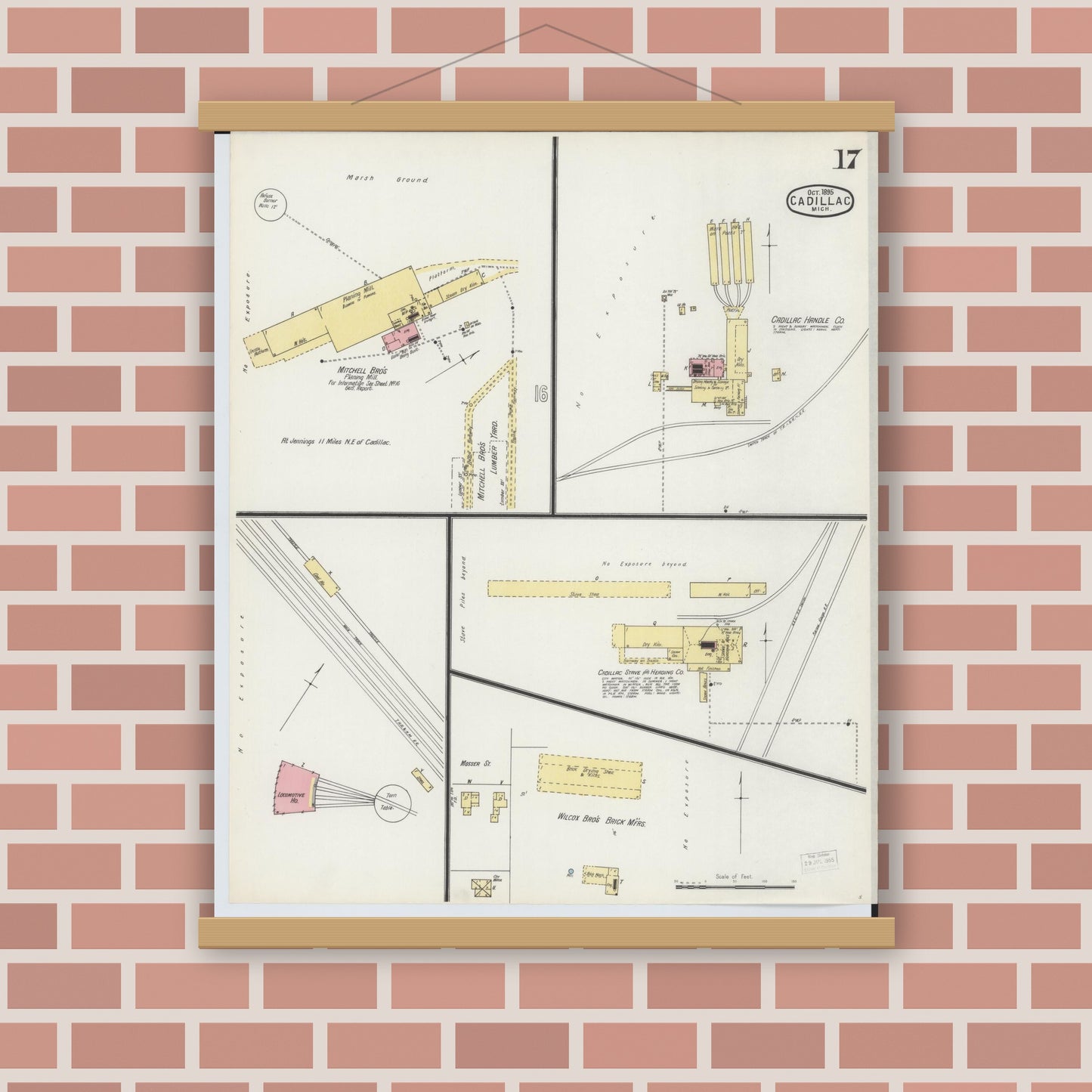 Old map wall art mockup — magnetic wood frame on brick wall — Sanborn Fire Insurance Map from Cadillac, Wexford County, Michigan (1895), Sheet #0017