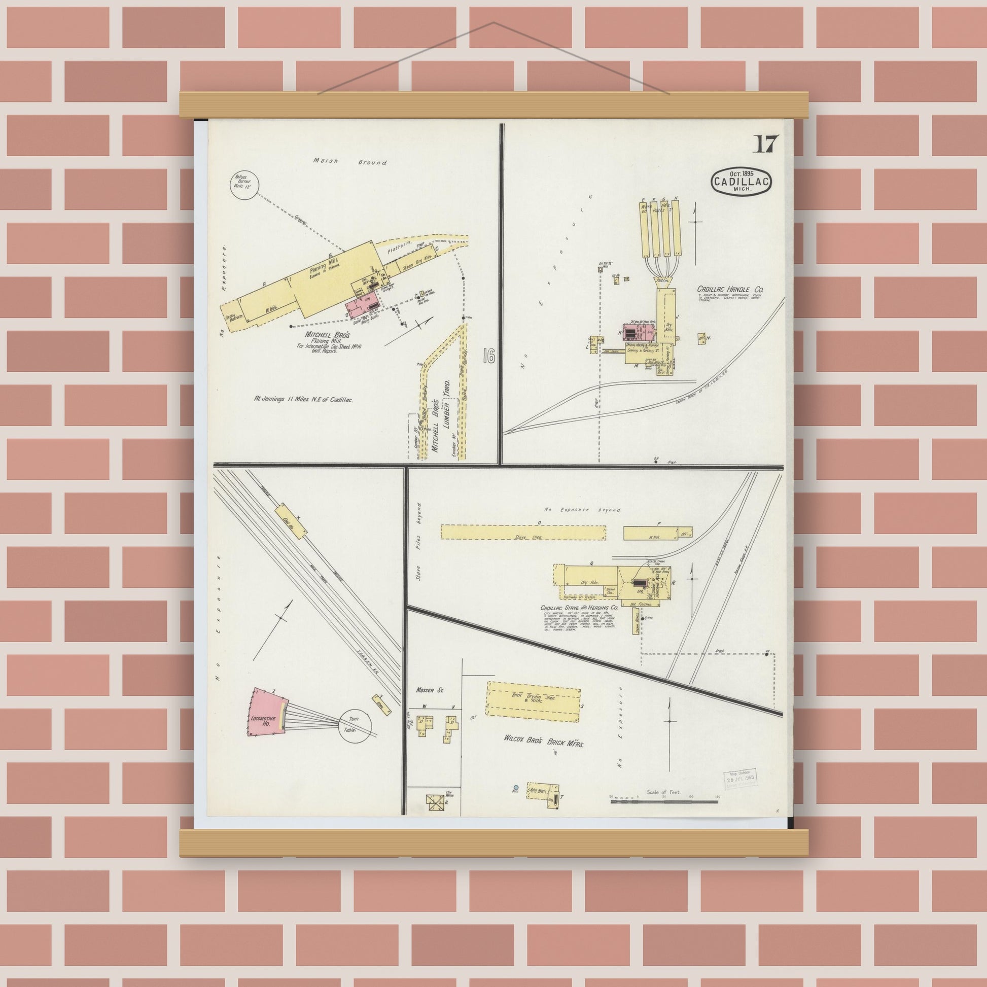 Old map wall art mockup — magnetic wood frame on brick wall — Sanborn Fire Insurance Map from Cadillac, Wexford County, Michigan (1895), Sheet #0017
