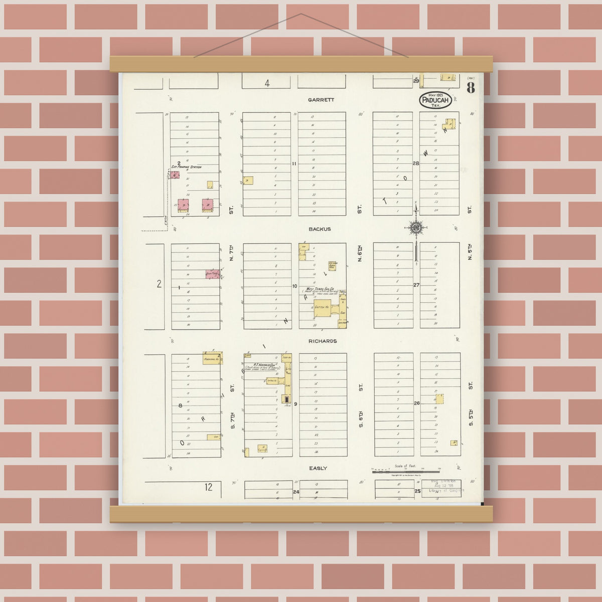 Old map wall art mockup — magnetic wood frame on brick wall — Sanborn Fire Insurance Map from Paducah, Cottle County, Texas (1921), Sheet #0008