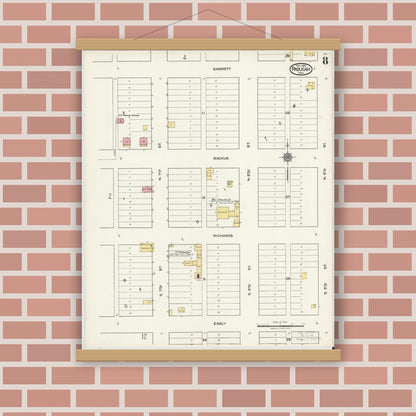 Old map wall art mockup — magnetic wood frame on brick wall — Sanborn Fire Insurance Map from Paducah, Cottle County, Texas (1921), Sheet #0008