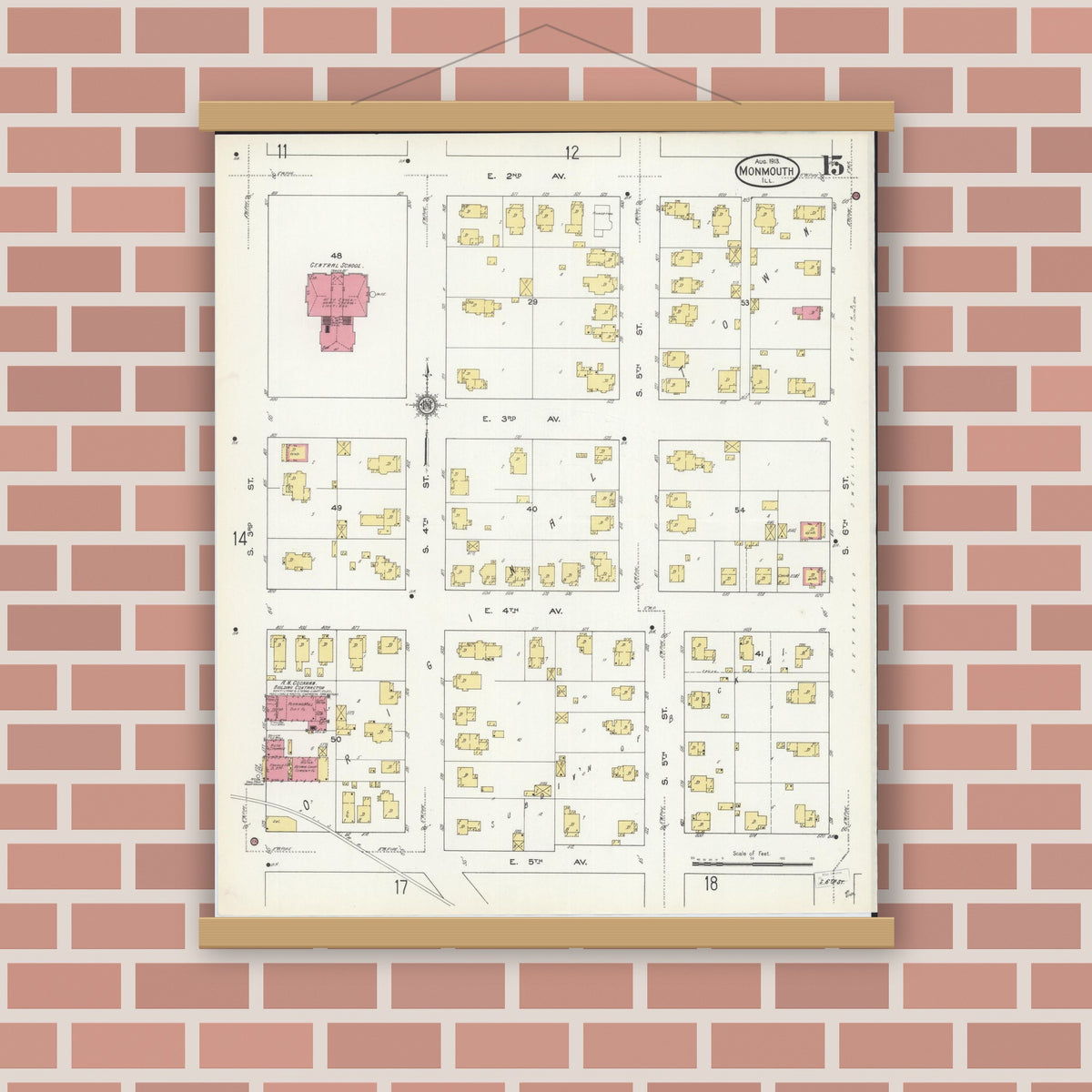 Old map wall art mockup — magnetic wood frame on brick wall — Sanborn Fire Insurance Map from Monmouth, Warren County, Illinois (1913), Sheet #0015