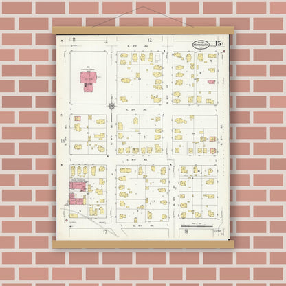Old map wall art mockup — magnetic wood frame on brick wall — Sanborn Fire Insurance Map from Monmouth, Warren County, Illinois (1913), Sheet #0015