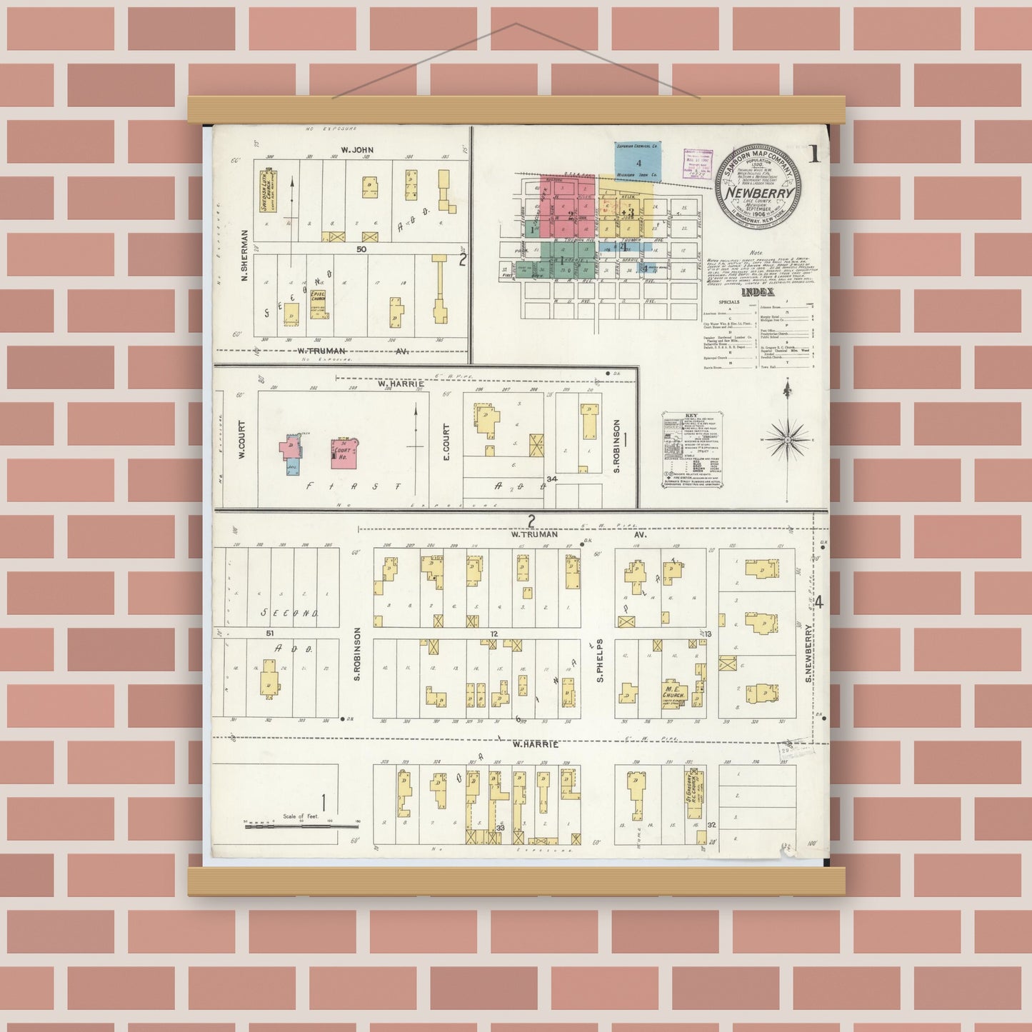 Old map wall art mockup — magnetic wood frame on brick wall — Sanborn Fire Insurance Map from Newberry, Luce County, Michigan (1906) - Complete Map Set