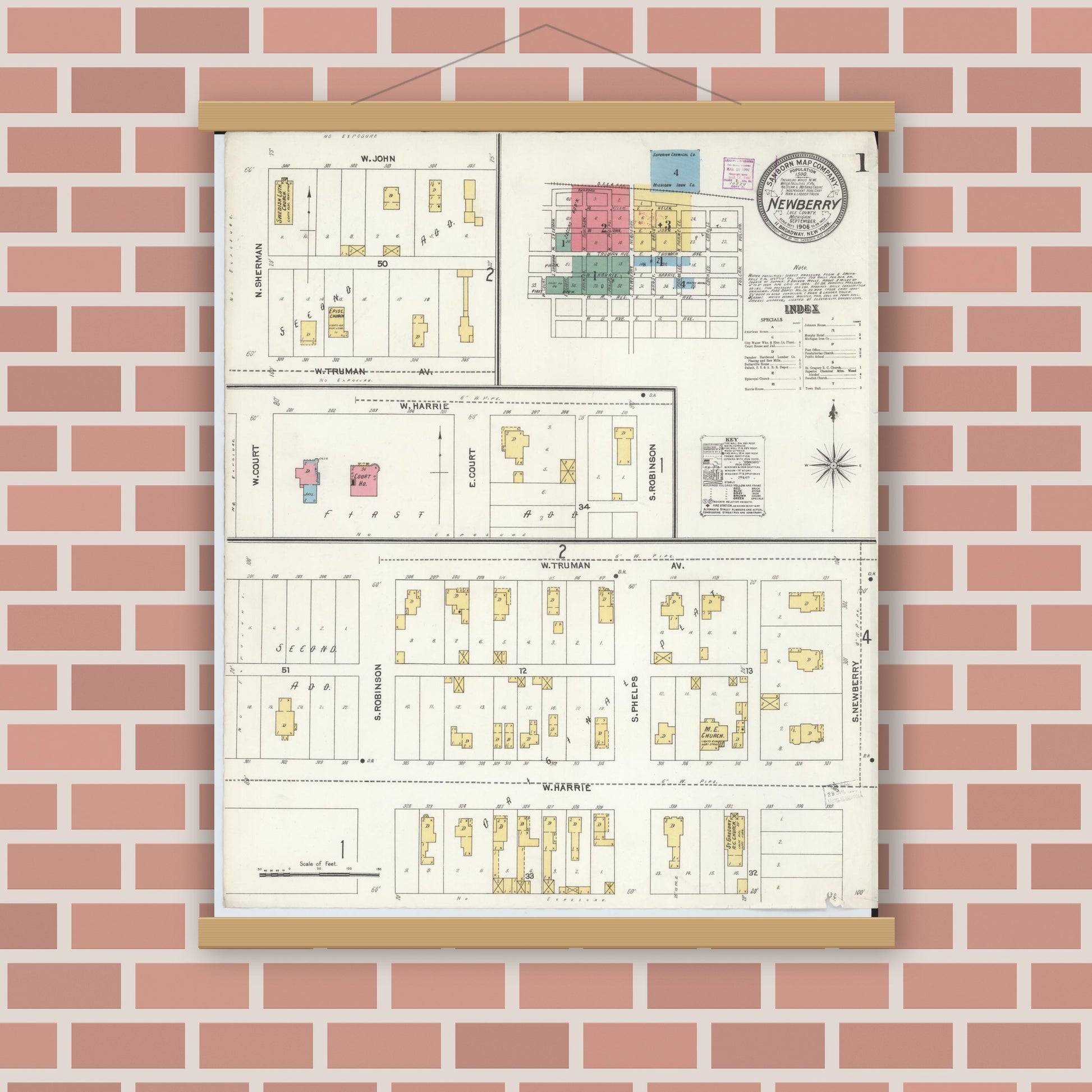 Old map wall art mockup — magnetic wood frame on brick wall — Sanborn Fire Insurance Map from Newberry, Luce County, Michigan (1906) - Complete Map Set