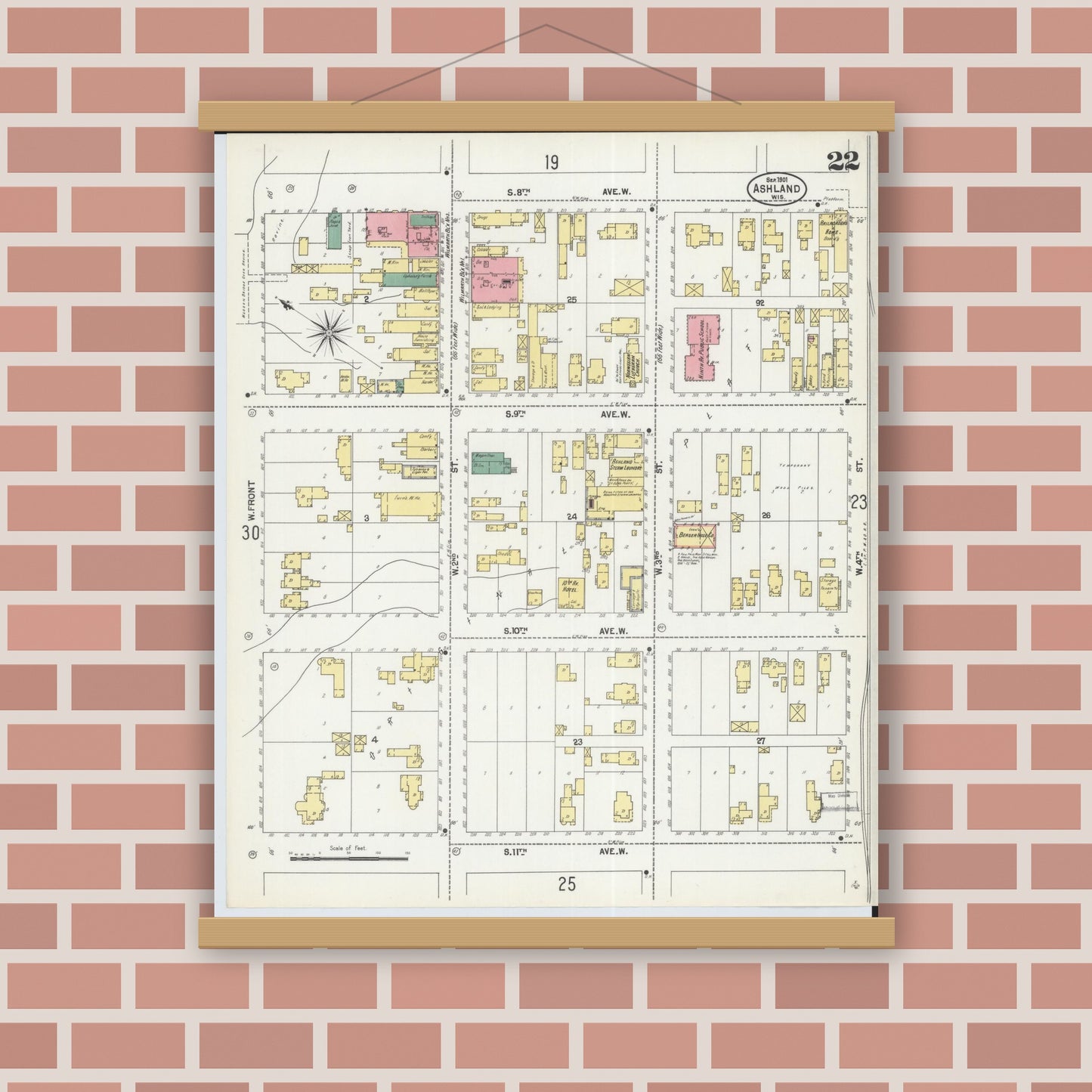 Old map wall art mockup — magnetic wood frame on brick wall — Sanborn Fire Insurance Map from Ashland, Ashland County, Wisconsin (1901), Sheet #0022