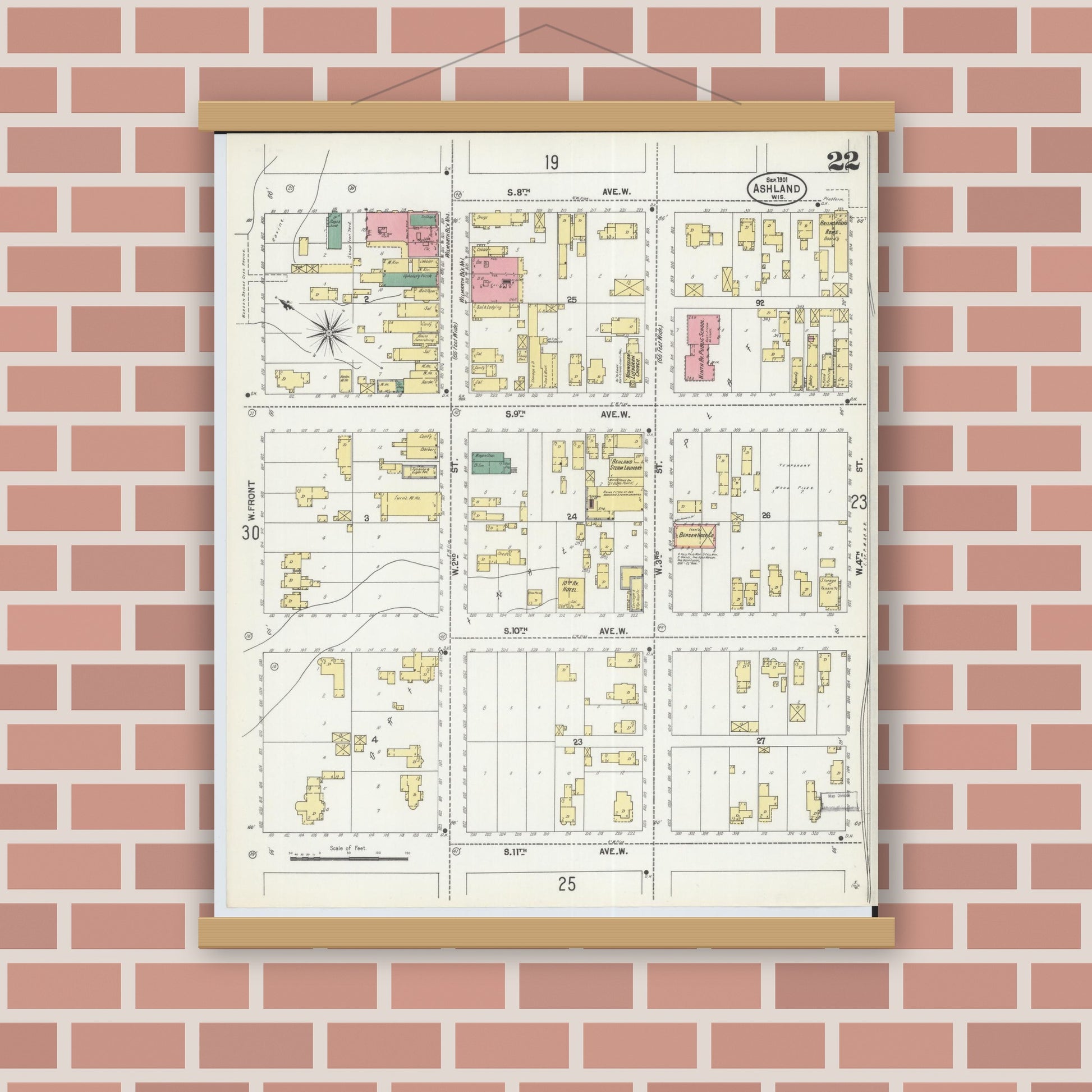 Old map wall art mockup — magnetic wood frame on brick wall — Sanborn Fire Insurance Map from Ashland, Ashland County, Wisconsin (1901), Sheet #0022
