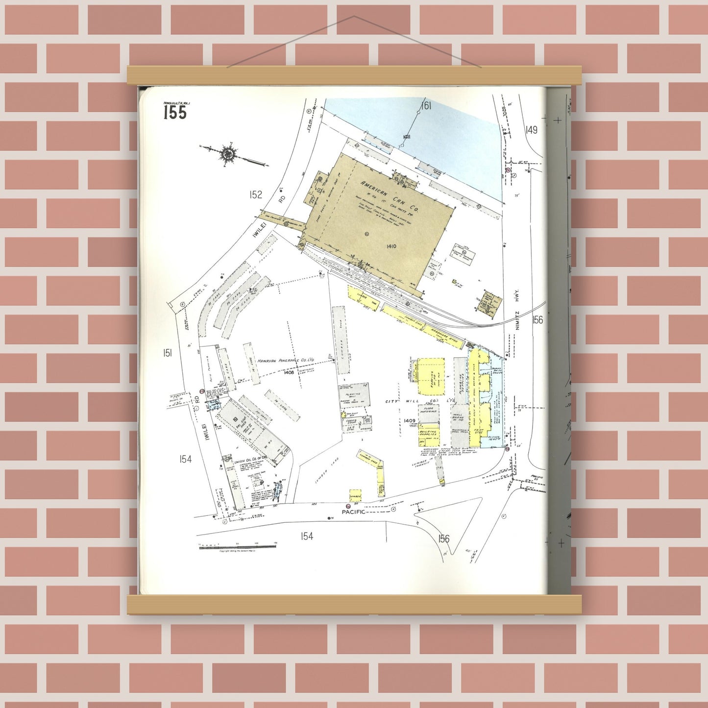 Old map wall art mockup — magnetic wood frame on brick wall — Sanborn Fire Insurance Map from Honolulu, Oahu County, Hawaii (1955), Sheet #0155
