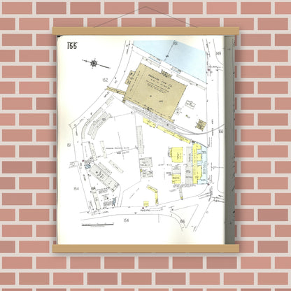 Old map wall art mockup — magnetic wood frame on brick wall — Sanborn Fire Insurance Map from Honolulu, Oahu County, Hawaii (1955), Sheet #0155