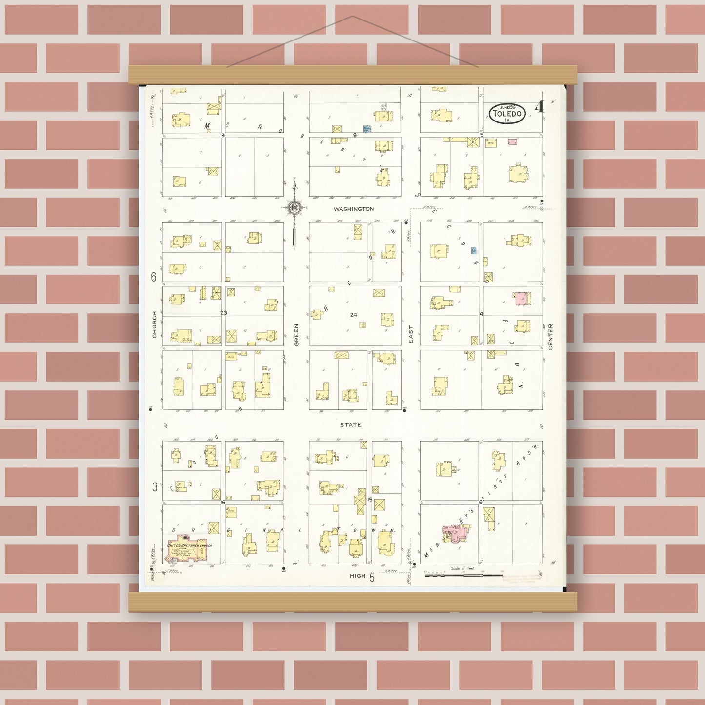 Old map wall art mockup — magnetic wood frame on brick wall — Sanborn Fire Insurance Map from Toledo, Tama County, Iowa (1915), Sheet #0004
