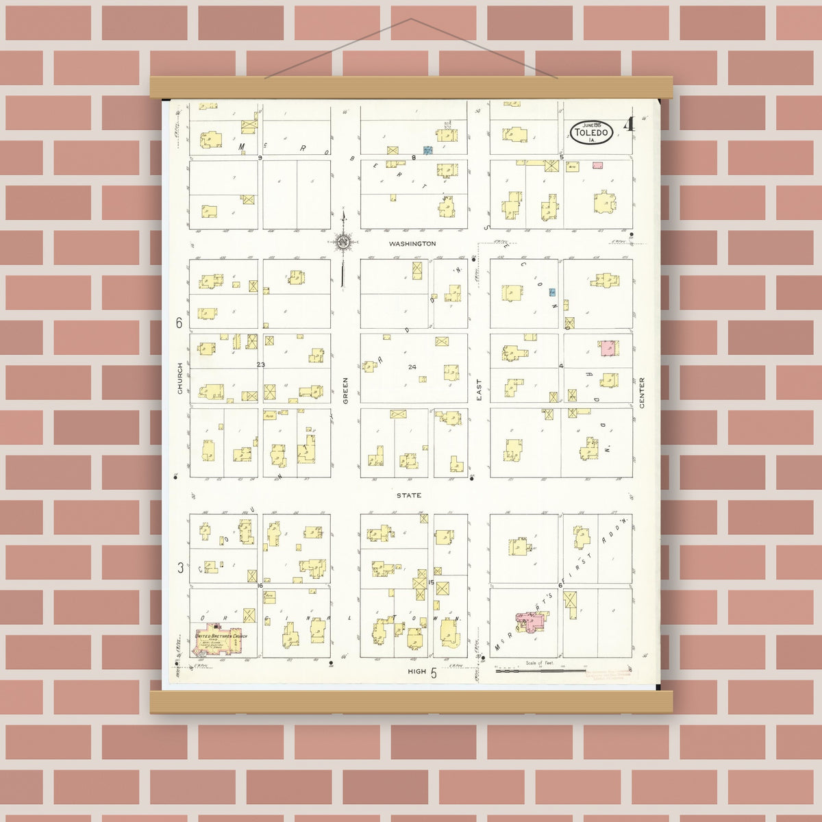 Old map wall art mockup — magnetic wood frame on brick wall — Sanborn Fire Insurance Map from Toledo, Tama County, Iowa (1915), Sheet #0004