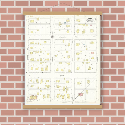 Old map wall art mockup — magnetic wood frame on brick wall — Sanborn Fire Insurance Map from Toledo, Tama County, Iowa (1915), Sheet #0004