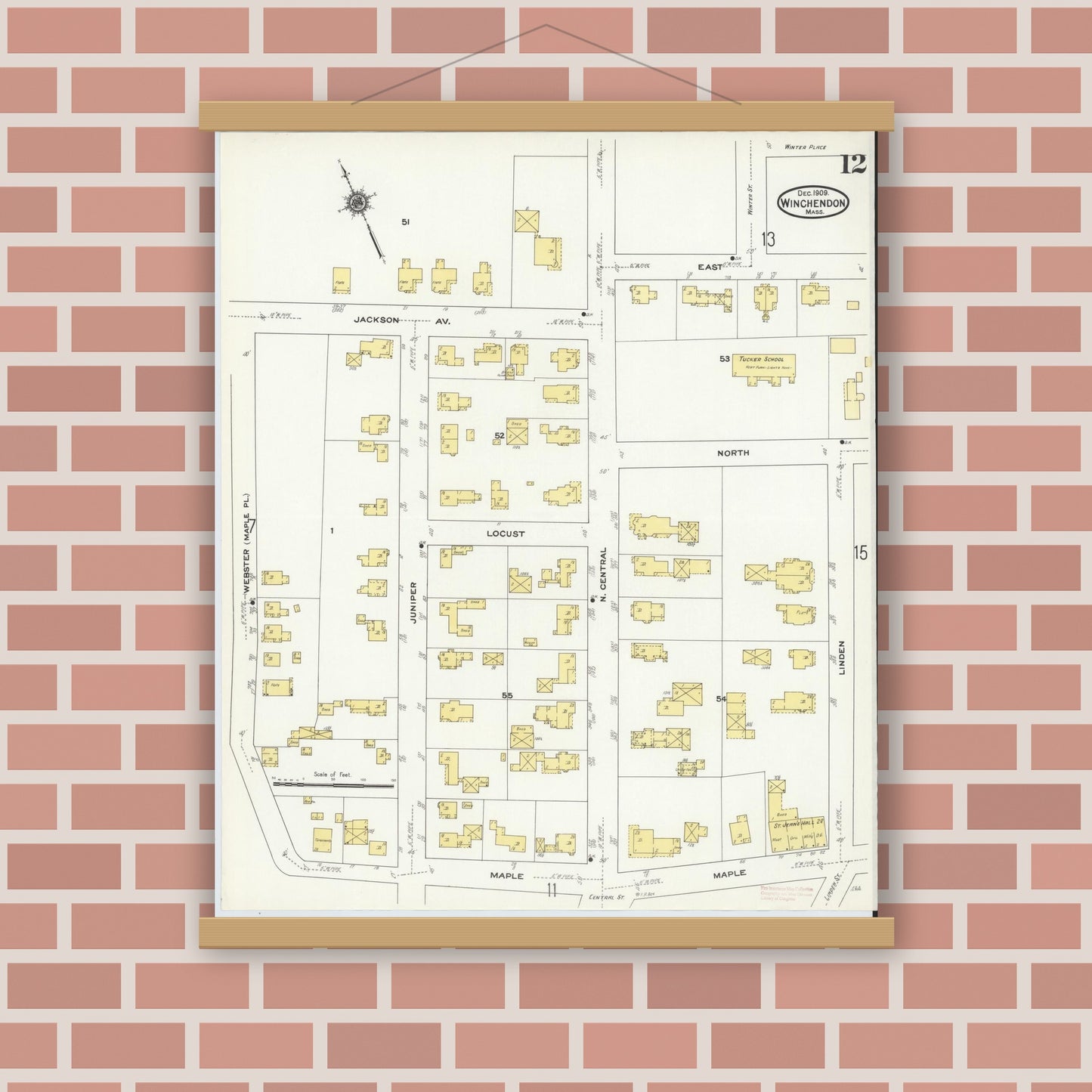 Old map wall art mockup — magnetic wood frame on brick wall — Sanborn Fire Insurance Map from Winchendon, Worcester County, Massachusetts (1909), Sheet #0012