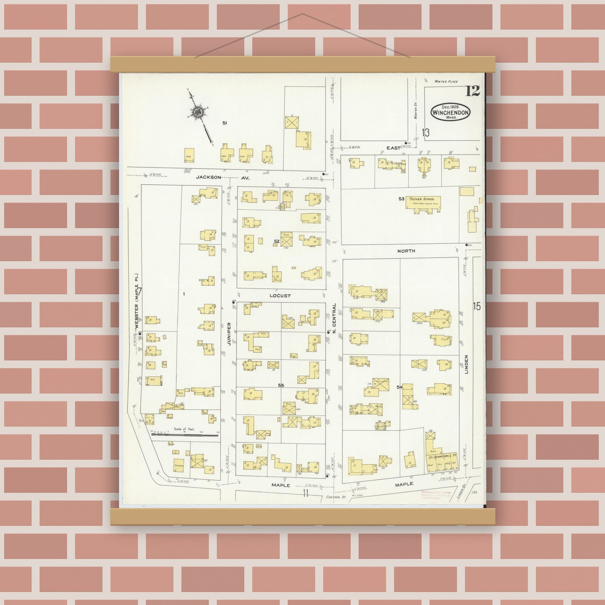 Old map wall art mockup — magnetic wood frame on brick wall — Sanborn Fire Insurance Map from Winchendon, Worcester County, Massachusetts (1909), Sheet #0012