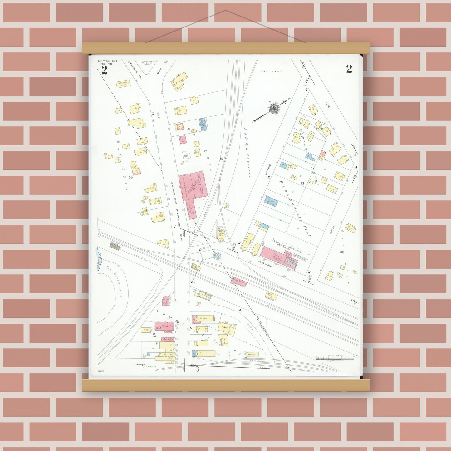 Old map wall art mockup — magnetic wood frame on brick wall — Sanborn Fire Insurance Map from Grafton, Lorain County, Ohio (1946), Sheet #0002