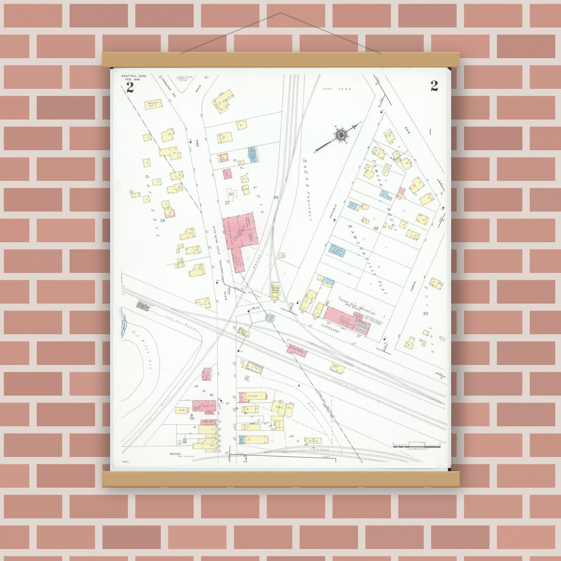 Old map wall art mockup — magnetic wood frame on brick wall — Sanborn Fire Insurance Map from Grafton, Lorain County, Ohio (1946), Sheet #0002