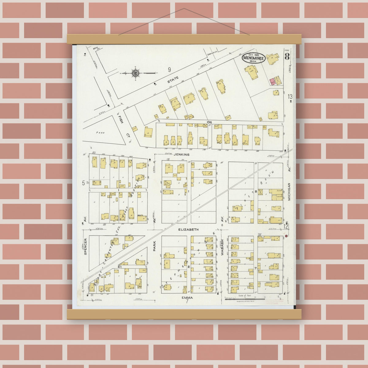 Old map wall art mockup — magnetic wood frame on brick wall — Sanborn Fire Insurance Map from Menominee, Menominee County, Michigan (1921), Sheet #0008