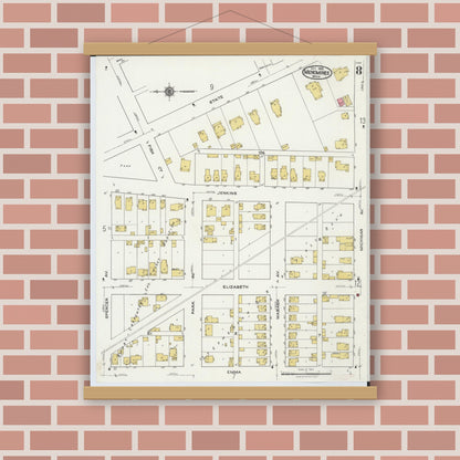 Old map wall art mockup — magnetic wood frame on brick wall — Sanborn Fire Insurance Map from Menominee, Menominee County, Michigan (1921), Sheet #0008
