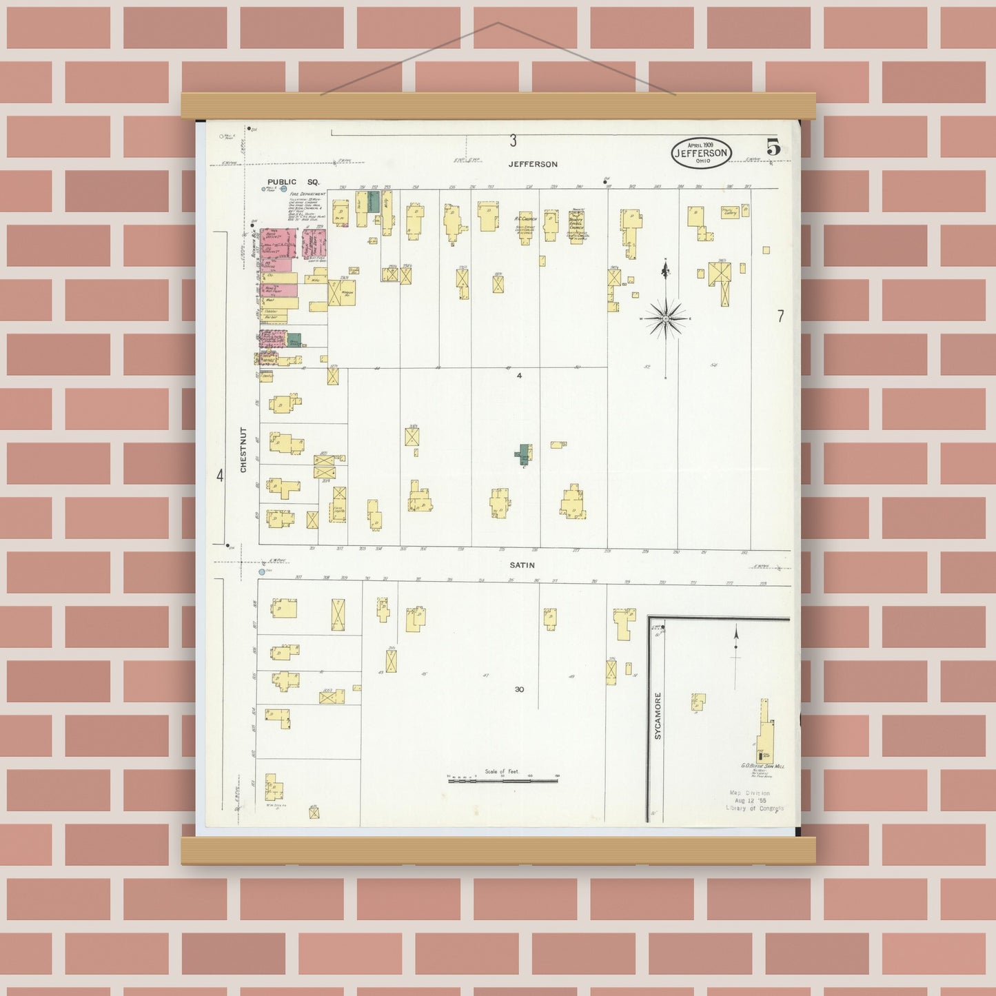 Old map wall art mockup — magnetic wood frame on brick wall — Sanborn Fire Insurance Map from Jefferson, Ashtabula County, Ohio (1909), Sheet #0005