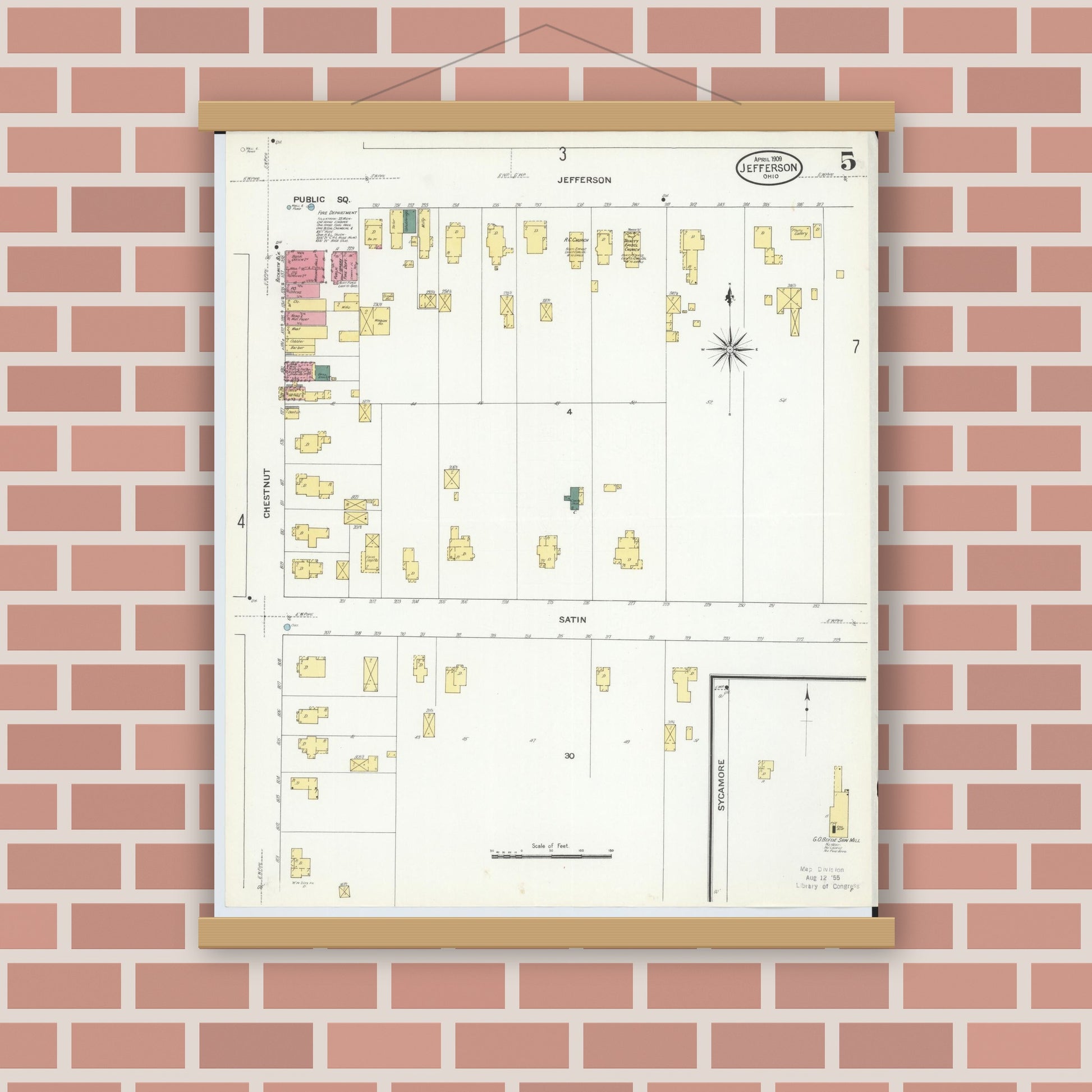 Old map wall art mockup — magnetic wood frame on brick wall — Sanborn Fire Insurance Map from Jefferson, Ashtabula County, Ohio (1909), Sheet #0005