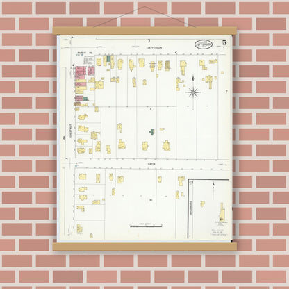Old map wall art mockup — magnetic wood frame on brick wall — Sanborn Fire Insurance Map from Jefferson, Ashtabula County, Ohio (1909), Sheet #0005