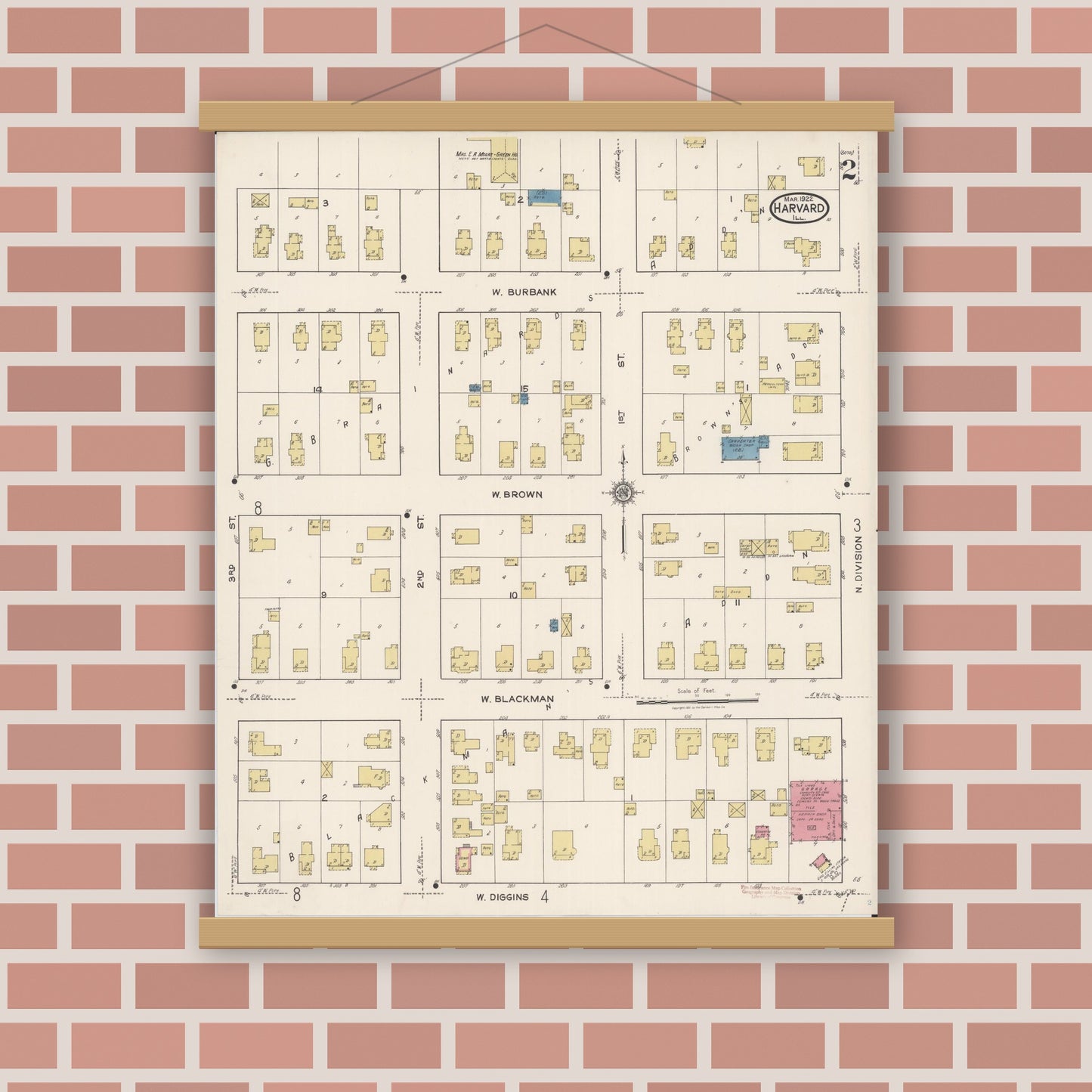 Old map wall art mockup — magnetic wood frame on brick wall — Sanborn Fire Insurance Map from Harvard, McHenry County, Illinois (1922), Sheet #0002