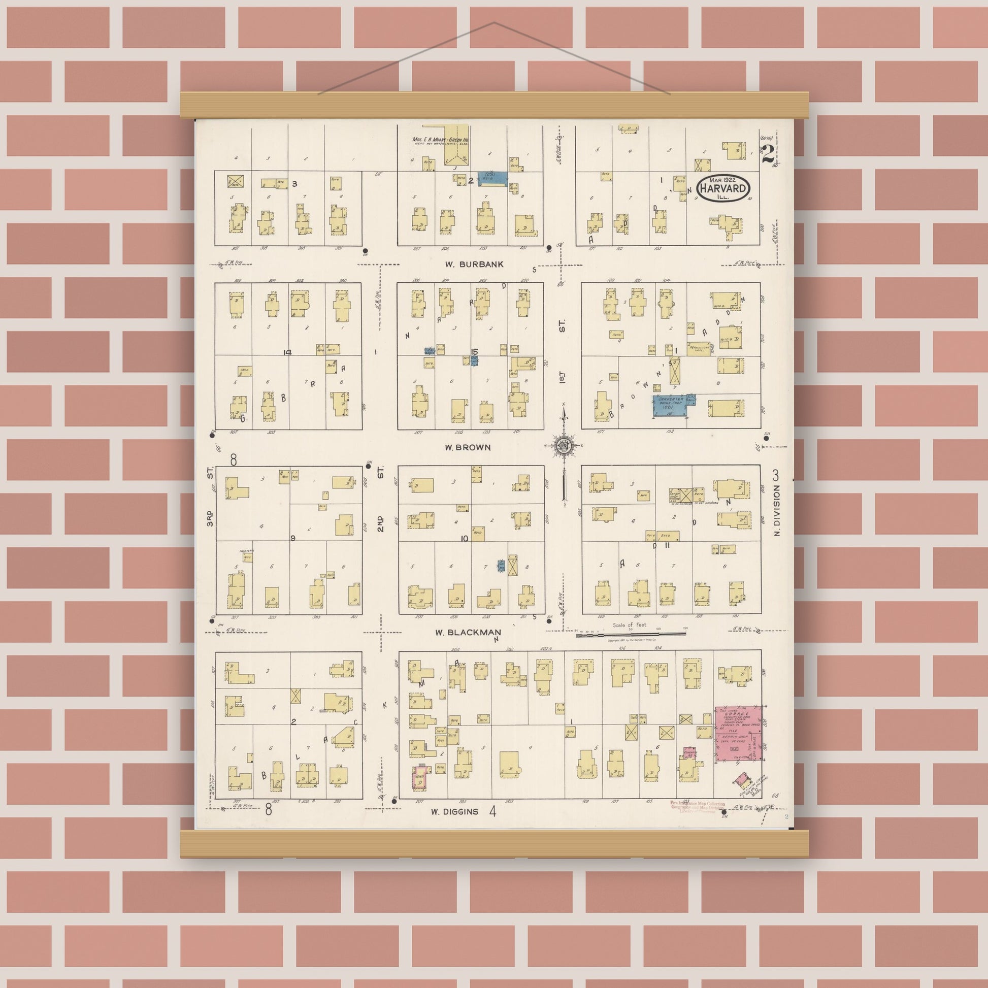 Old map wall art mockup — magnetic wood frame on brick wall — Sanborn Fire Insurance Map from Harvard, McHenry County, Illinois (1922), Sheet #0002