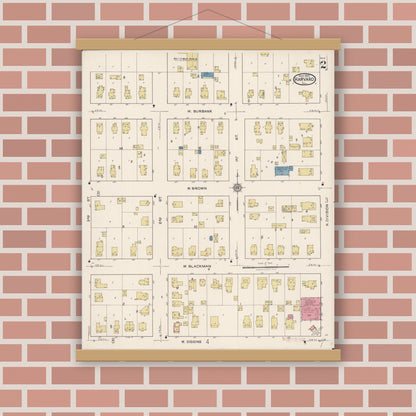Old map wall art mockup — magnetic wood frame on brick wall — Sanborn Fire Insurance Map from Harvard, McHenry County, Illinois (1922), Sheet #0002