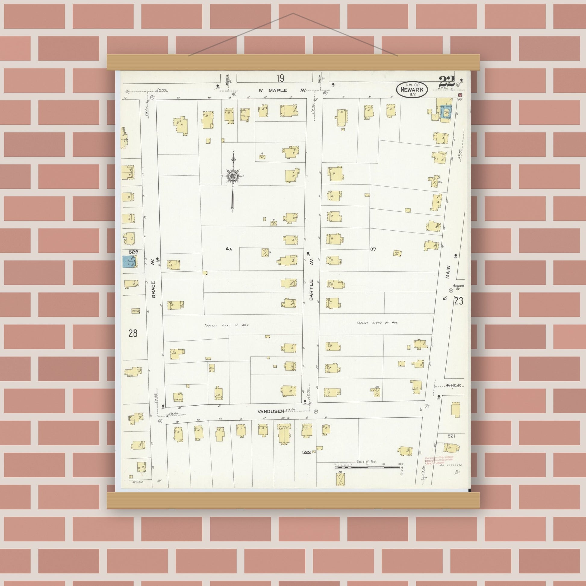Old map wall art mockup — magnetic wood frame on brick wall — Sanborn Fire Insurance Map from Newark, Wayne County, New York (1912), Sheet #0022