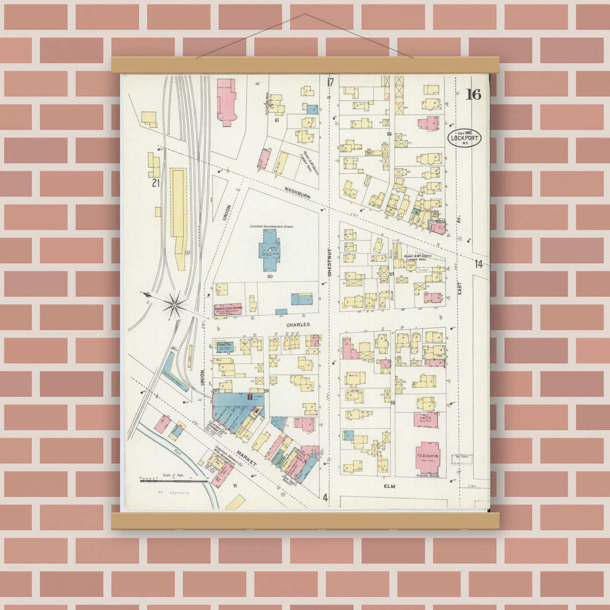 Old map wall art mockup — magnetic wood frame on brick wall — Sanborn Fire Insurance Map from Lockport, Niagara County, New York (1903), Sheet #0016