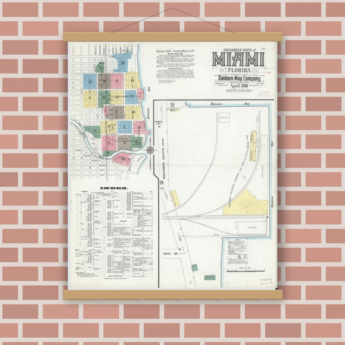 Old map wall art mockup — magnetic wood frame on brick wall — Sanborn Fire Insurance Map from Miami, Dade County, Florida (1910) - Complete Map Set