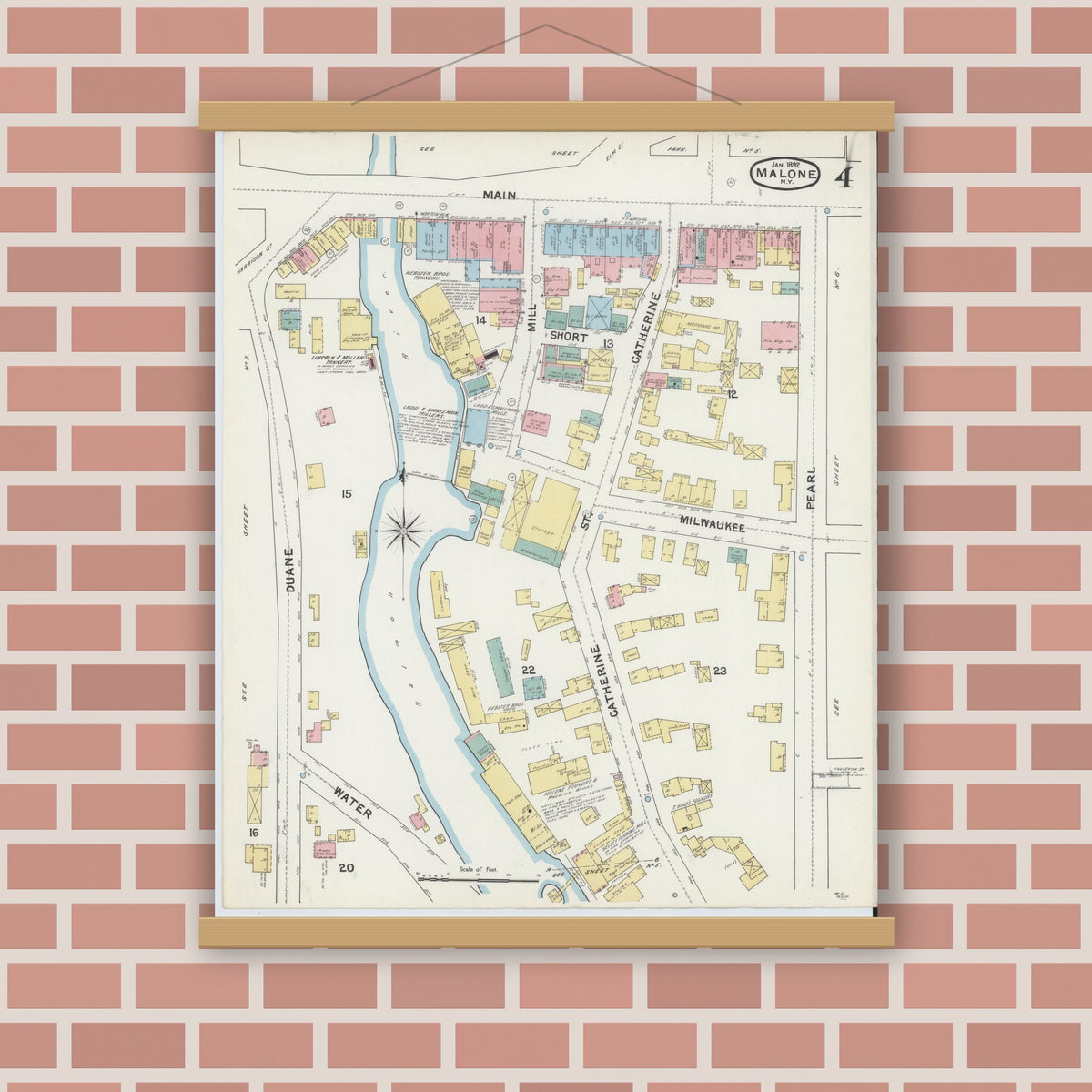 Old map wall art mockup — magnetic wood frame on brick wall — Sanborn Fire Insurance Map from Malone, Franklin County, New York (1892), Sheet #0004