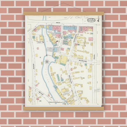 Old map wall art mockup — magnetic wood frame on brick wall — Sanborn Fire Insurance Map from Malone, Franklin County, New York (1892), Sheet #0004