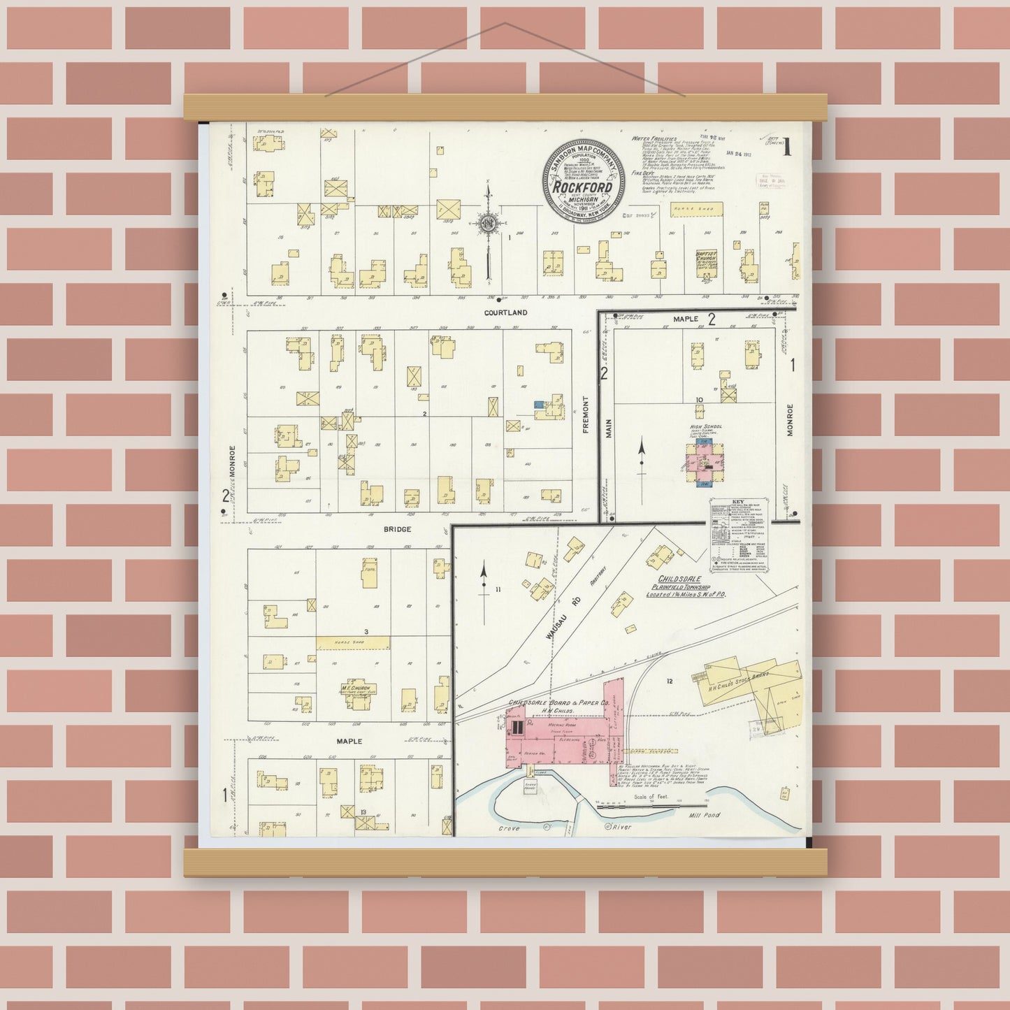 Old map wall art mockup — magnetic wood frame on brick wall — Sanborn Fire Insurance Map from Rockford, Kent County, Michigan (1911) - Complete Map Set