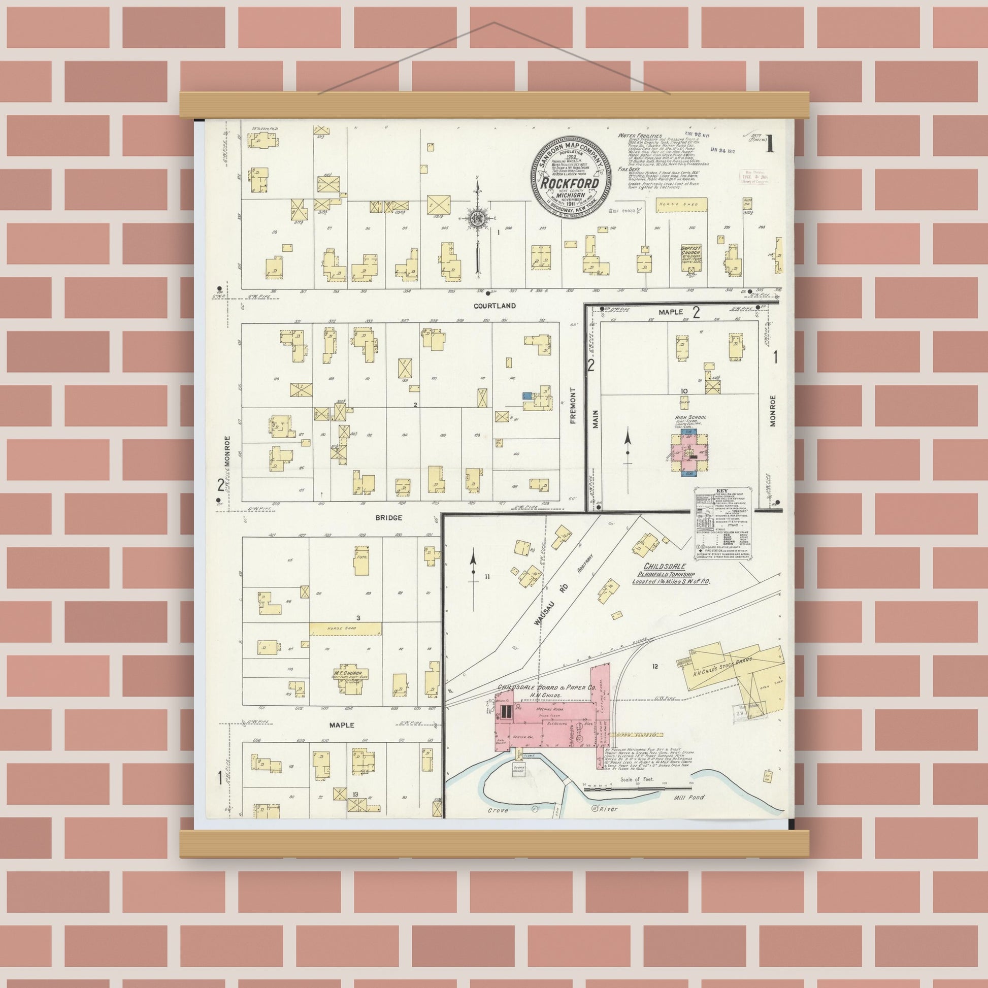 Old map wall art mockup — magnetic wood frame on brick wall — Sanborn Fire Insurance Map from Rockford, Kent County, Michigan (1911) - Complete Map Set