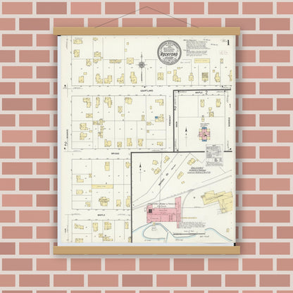 Old map wall art mockup — magnetic wood frame on brick wall — Sanborn Fire Insurance Map from Rockford, Kent County, Michigan (1911) - Complete Map Set
