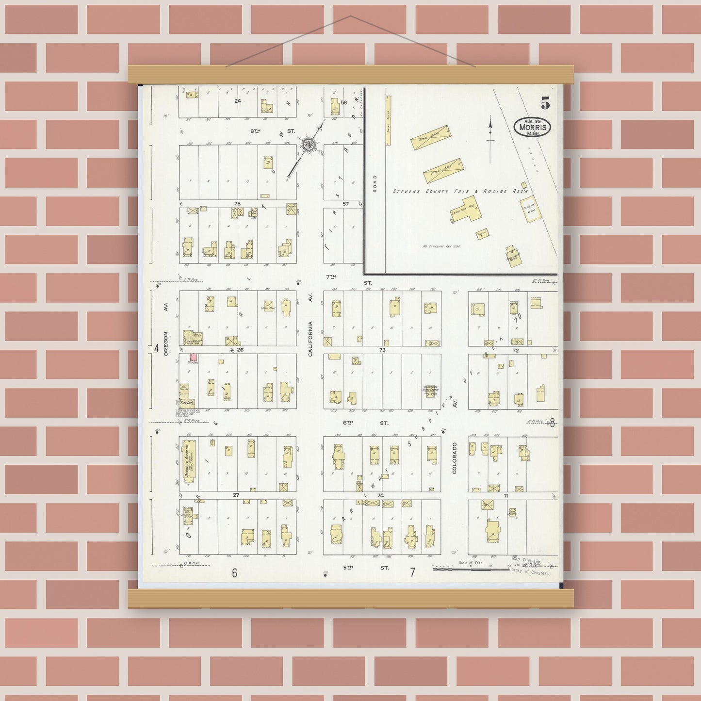 Old map wall art mockup — magnetic wood frame on brick wall — Sanborn Fire Insurance Map from Morris, Stevens County, Minnesota (1915), Sheet #0005