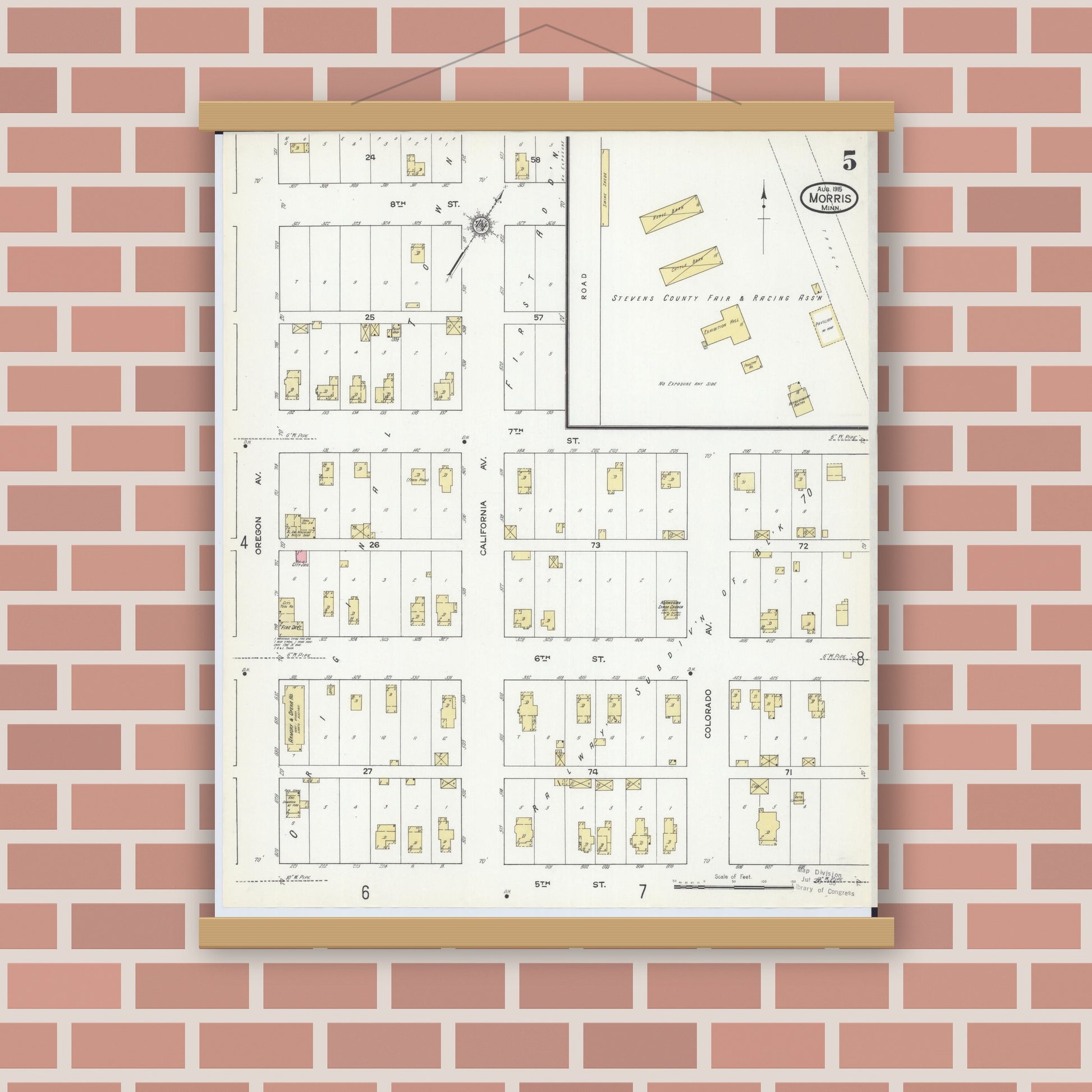 Old map wall art mockup — magnetic wood frame on brick wall — Sanborn Fire Insurance Map from Morris, Stevens County, Minnesota (1915), Sheet #0005