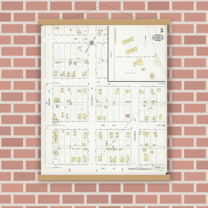 Old map wall art mockup — magnetic wood frame on brick wall — Sanborn Fire Insurance Map from Morris, Stevens County, Minnesota (1915), Sheet #0005