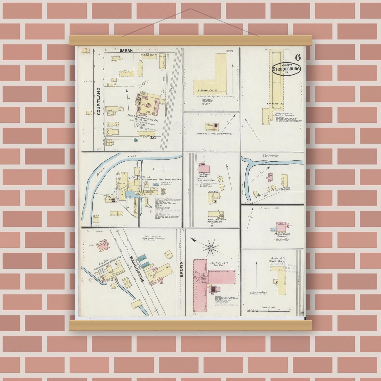 Old map wall art mockup — magnetic wood frame on brick wall — Sanborn Fire Insurance Map from Stroudsburg, Monroe County, Pennsylvania (1892), Sheet #0006