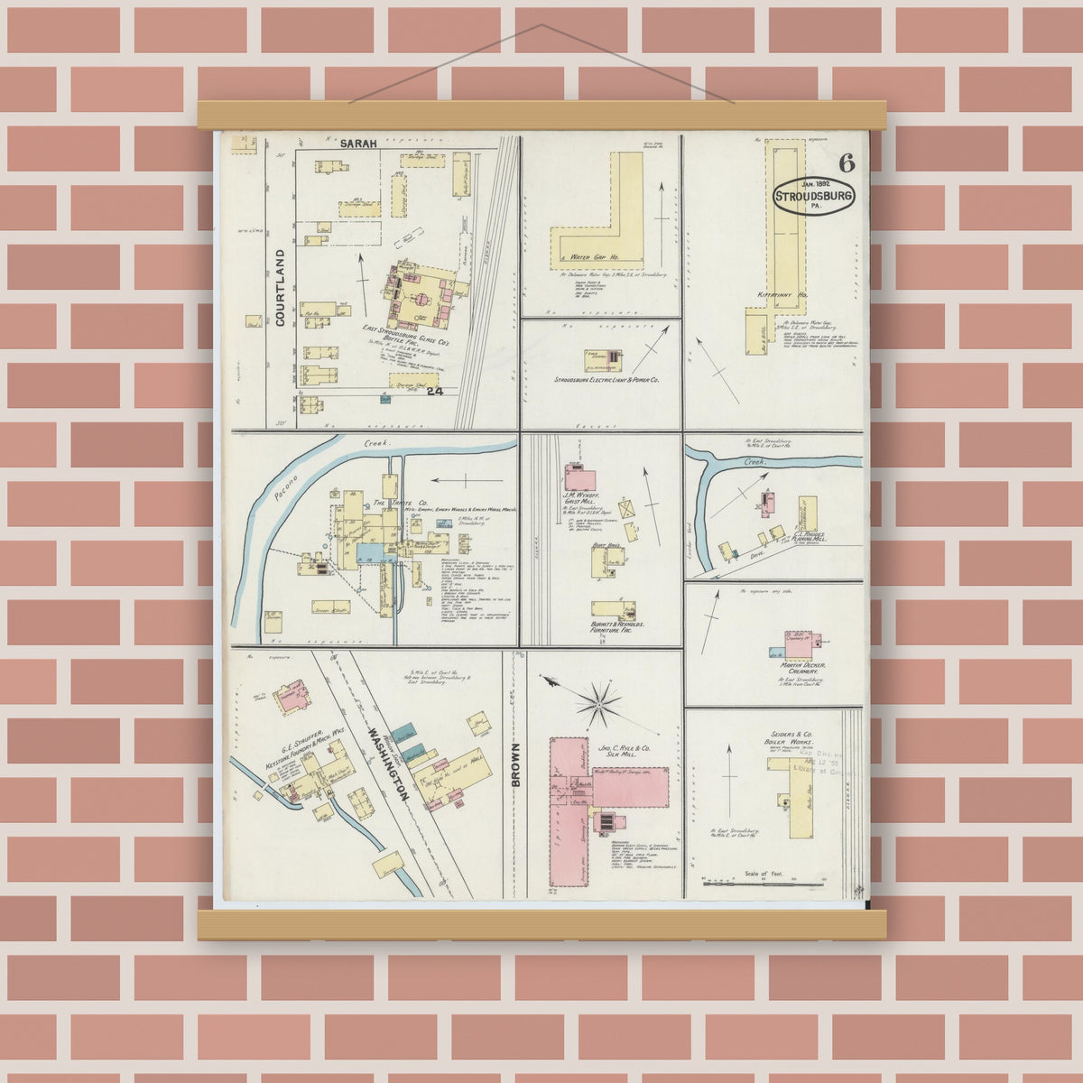 Old map wall art mockup — magnetic wood frame on brick wall — Sanborn Fire Insurance Map from Stroudsburg, Monroe County, Pennsylvania (1892), Sheet #0006