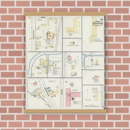 Old map wall art mockup — magnetic wood frame on brick wall — Sanborn Fire Insurance Map from Stroudsburg, Monroe County, Pennsylvania (1892), Sheet #0006