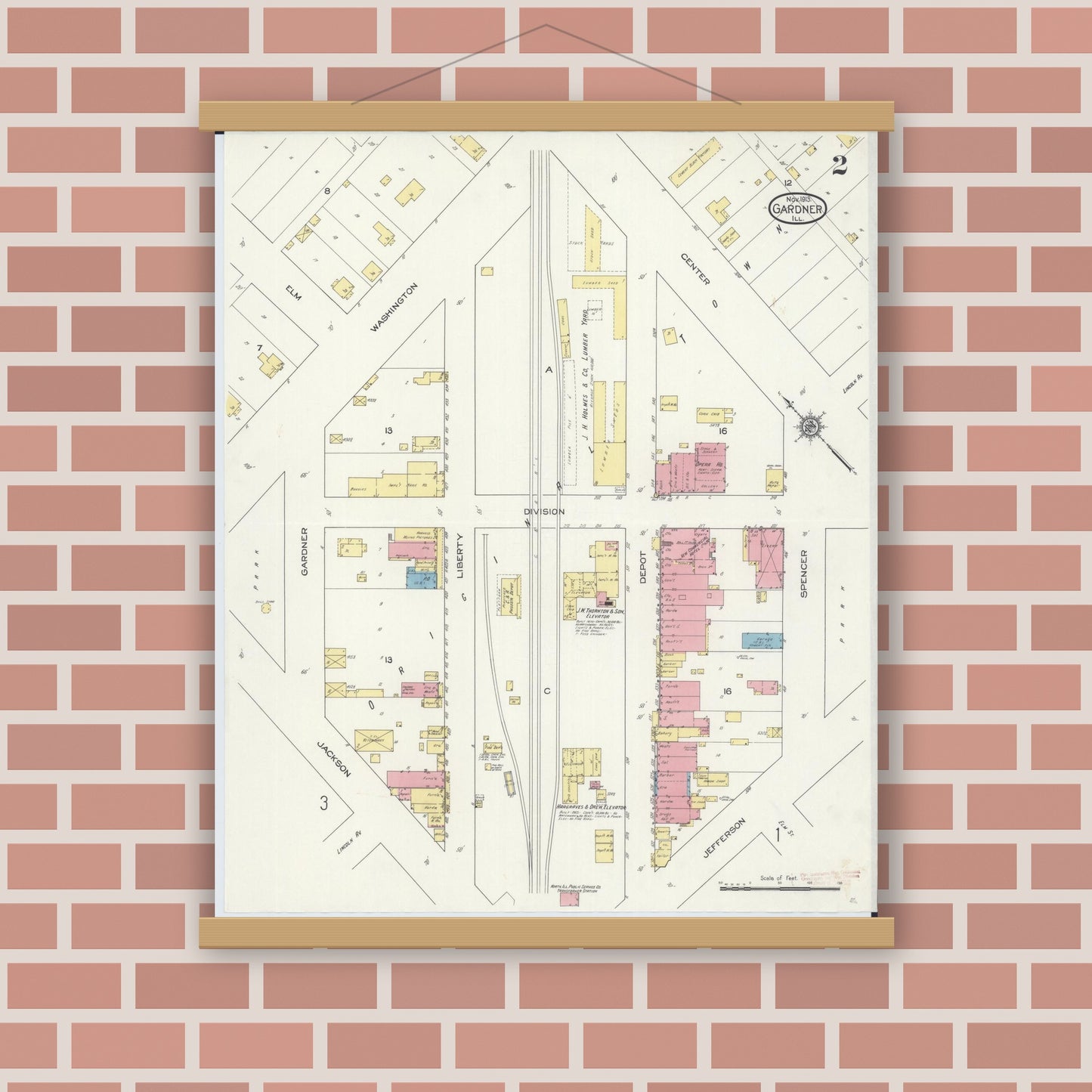 Old map wall art mockup — magnetic wood frame on brick wall — Sanborn Fire Insurance Map from Gardner, Grundy County, Illinois (1913), Sheet #0002